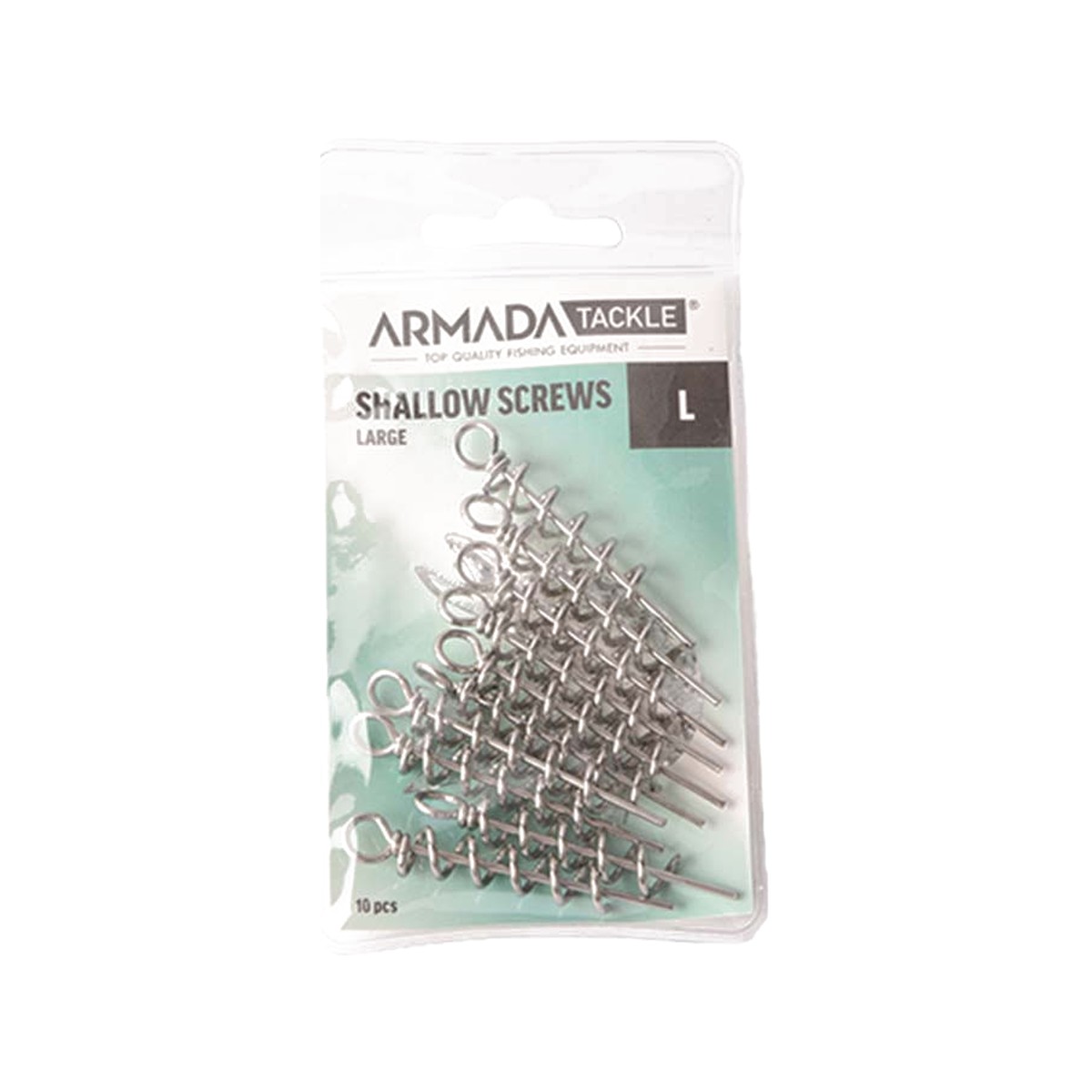 Armada Shallow Screws Large i förpackning med 10 shallowskruvar för gäddjiggar