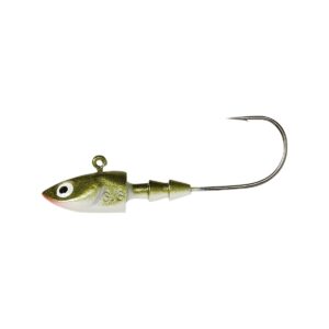 Berkley PowerJig Deep Jig jiggskalle i Olive-Pearl med glödande öga och beteshållare