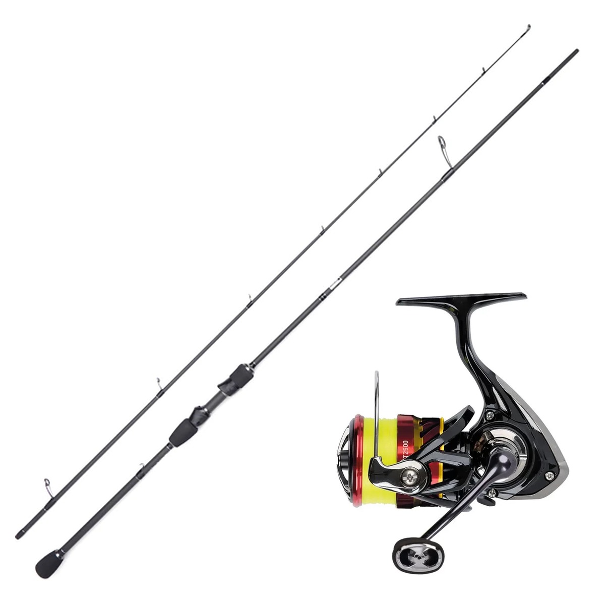 Fiskeset med Bite of Bleak Gladius tvådelat haspelspö och Daiwa Samurai LT 2500 haspelrulle med gul flätlina