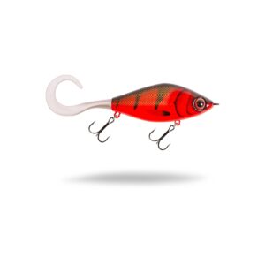Guppie Jr 11 cm 70 g glidebete i färgen Red Devil – rött med vit curlystjärt och trekrokar