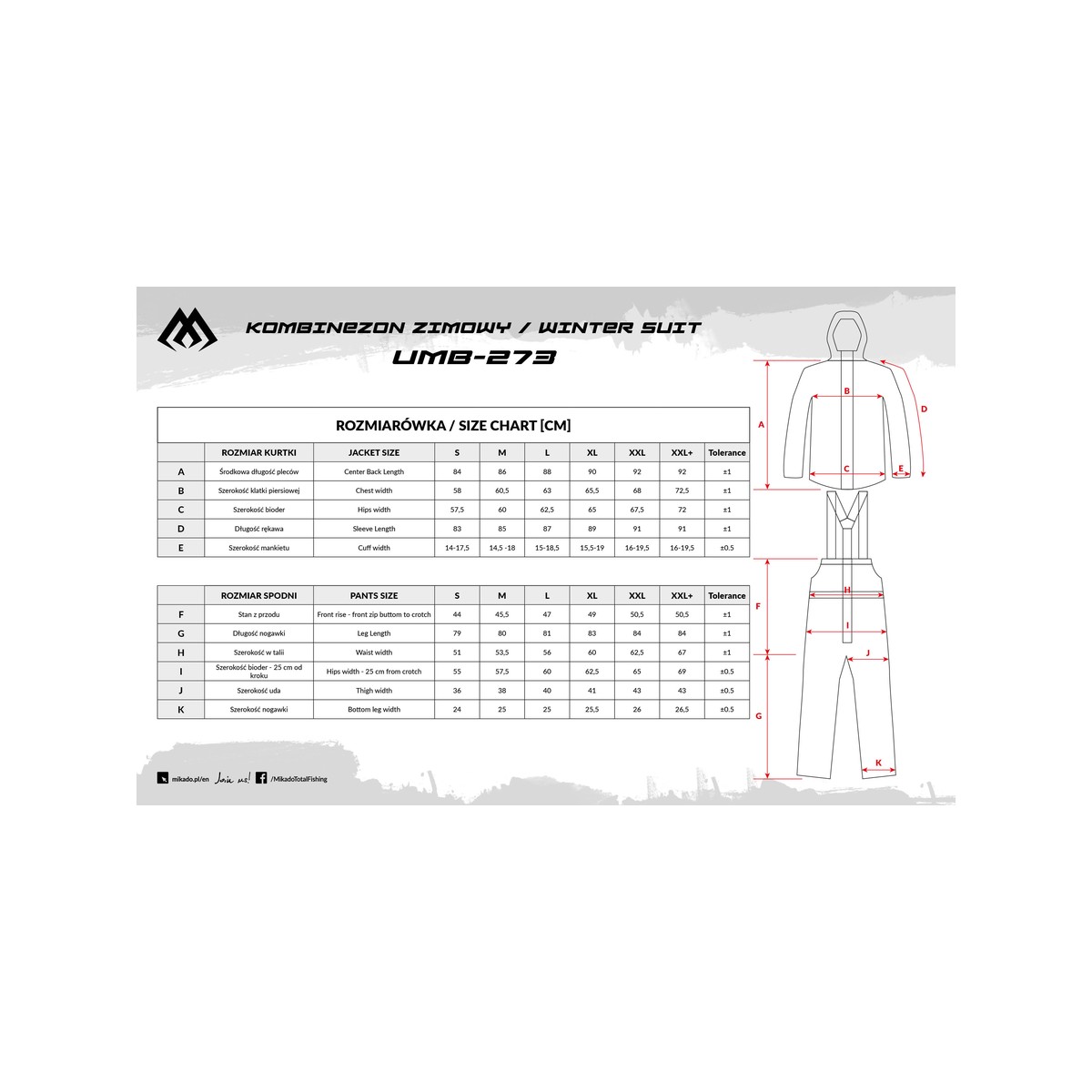 Storlekstabell för Mikado Winter Suit UMB-273, jacka och byxa i cm