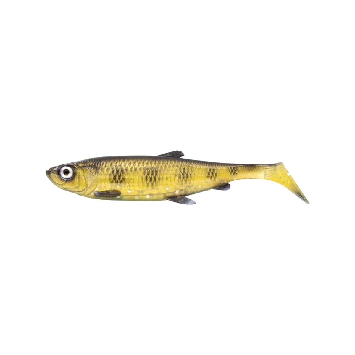Savage Gear 3D Herring Shad V2 25 cm i färgen Black Gold, sidovy av gummibetet med paddelstjärt